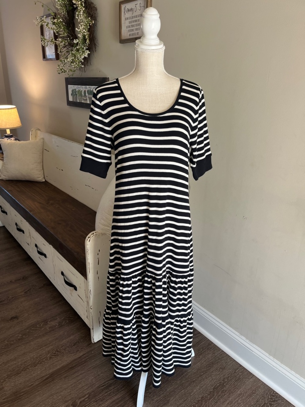 Ralph Lauren Black and White Striped Short-Sleeve Maxi Dress